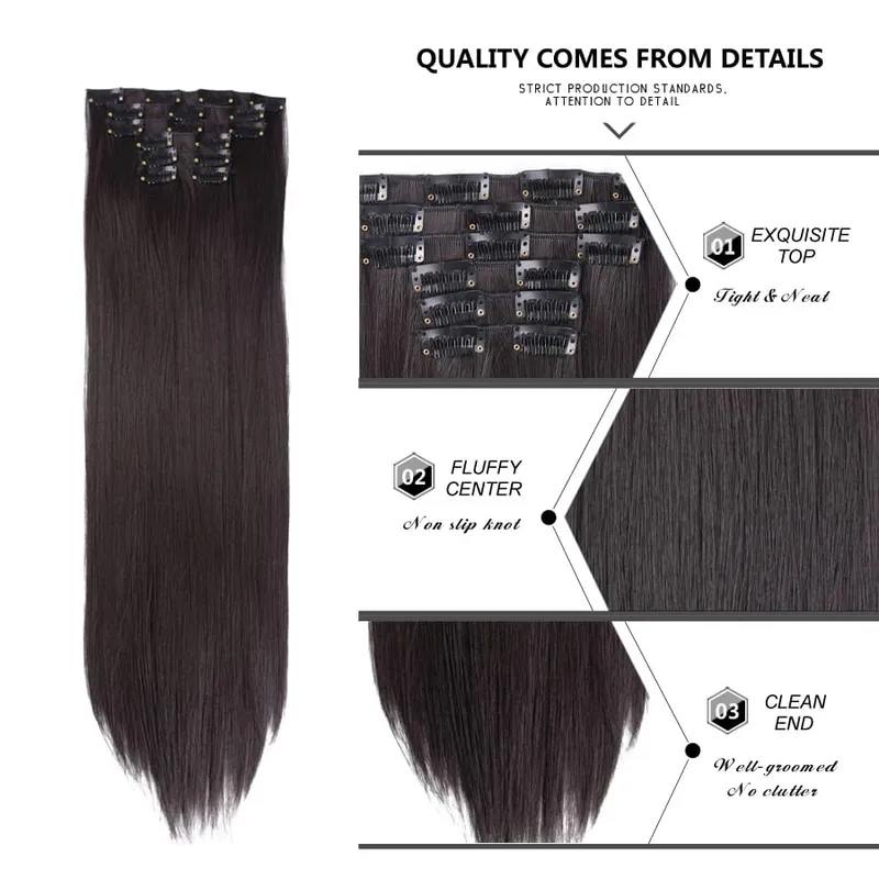 Leeons 16 clipes longos e retos sintéticos clipe em extensões de cabelo cheveux clipe naturel fibra de alta temperatura preto marrom peruca
