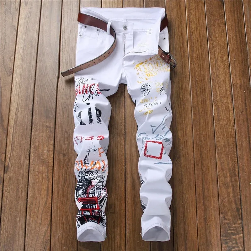 Sokotoo Men's Letters Pattern Printed Black Jeans Fashion Painted Slim Fit Stretch Cotton Denim Pencil Pants