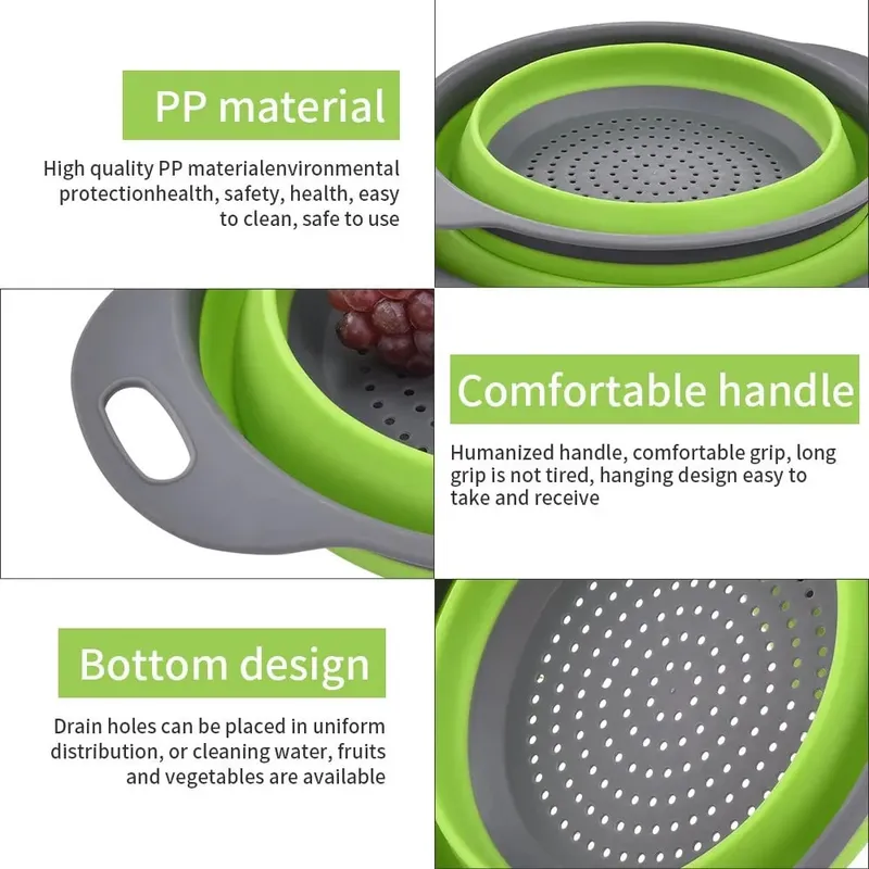 Round Folding Colander BPA Free Fruits Vegetables Washing Drain Basket Kitchen Colander Strainer Dishwasher Safe KC0236