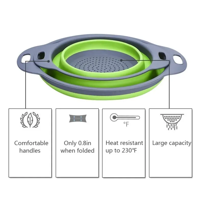 Round Folding Colander BPA Free Fruits Vegetables Washing Drain Basket Kitchen Colander Strainer Dishwasher Safe KC0236