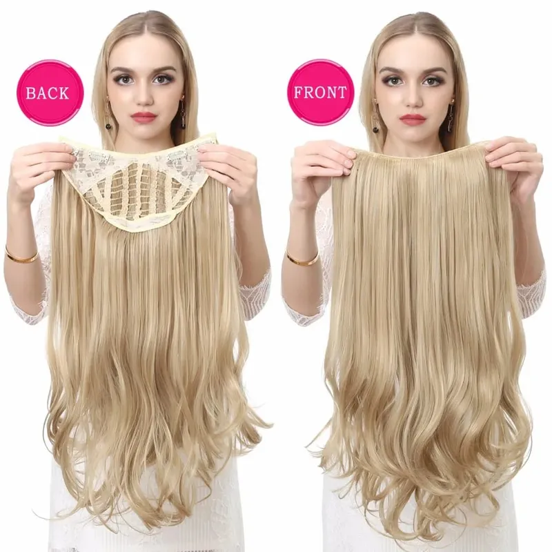 Extension de cheveux synthétiques à Clip en U de qualité supérieure, postiche longue, épaisse et bouclée, Blonde naturelle, faux cheveux résistants à la chaleur pour femmes