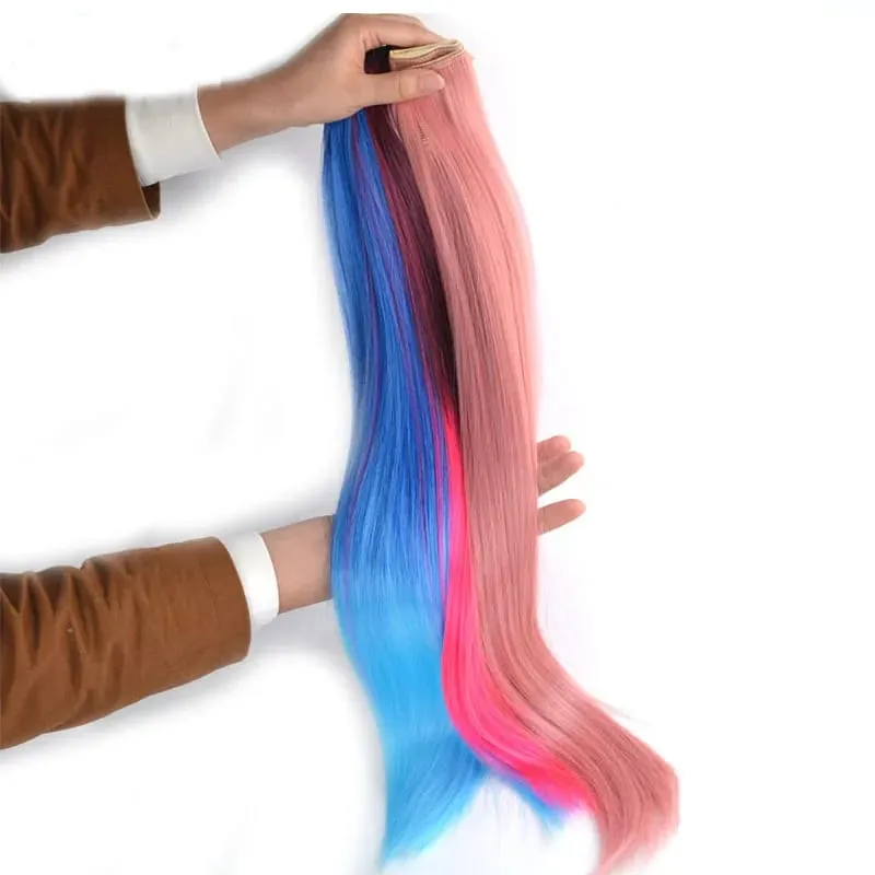 Jeedou Straight Blue Rainbow Balayage Ombre Color Clip In One Piece Prodlužování vlasů Syntetický halloweenský cosplay příčesek