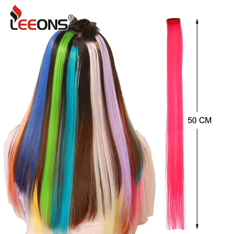 Leeons Clip In Synthetic Hair Extensions Heat Resistant Long Straight Hairpieces One Clips For Women Extension Fake Blue Hair