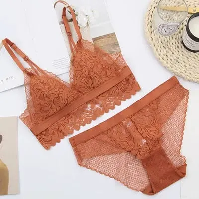 Full lace wireless cotton cup comfortable ladies underwear sets Soft-cup triangle bralette and transparent panties bra lingerie