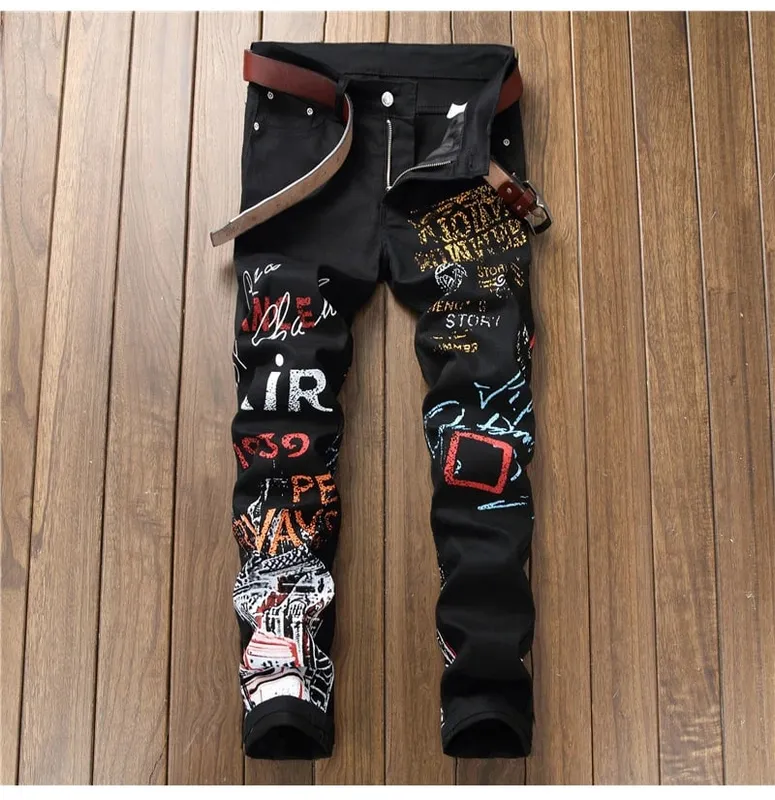 Sokotoo Men's Letters Pattern Printed Black Jeans Fashion Painted Slim Fit Stretch Cotton Denim Pencil Pants