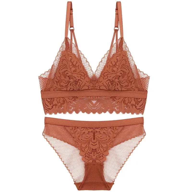 Full lace wireless cotton cup comfortable ladies underwear sets Soft-cup triangle bralette and transparent panties bra lingerie