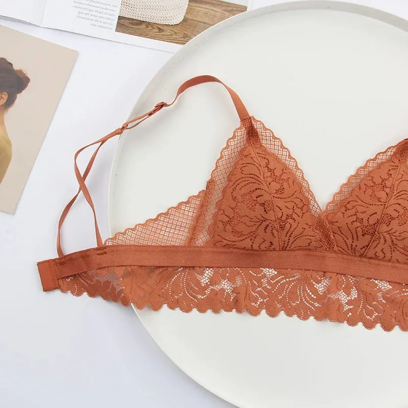 Full lace wireless cotton cup comfortable ladies underwear sets Soft-cup triangle bralette and transparent panties bra lingerie