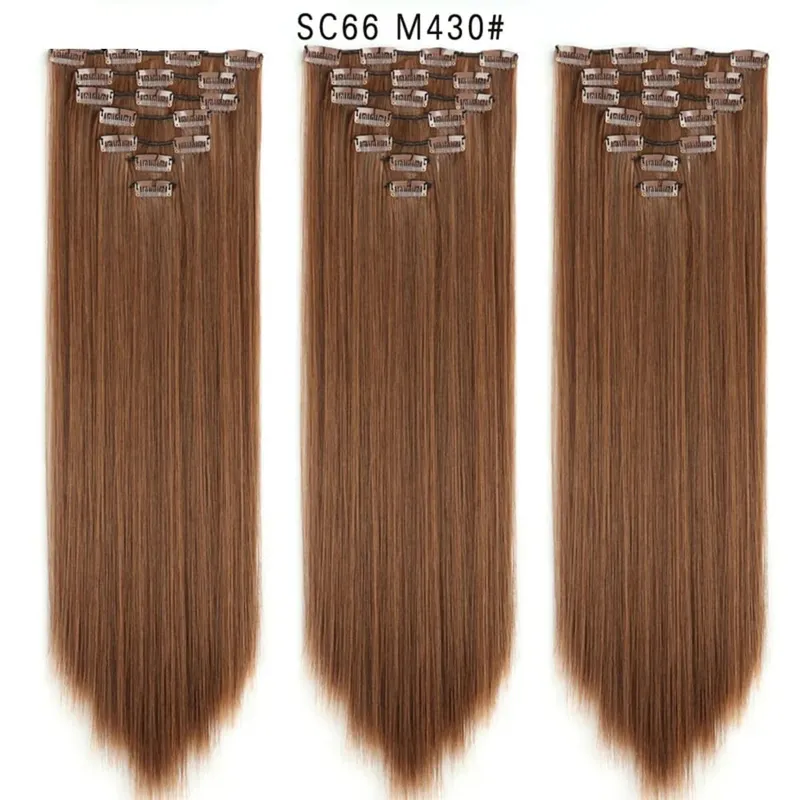 22 Polegada 16 clipes longos e retos extensões de cabelo sintético clipes em fibra de alta temperatura preto marrom ombre hairpiece budabuda