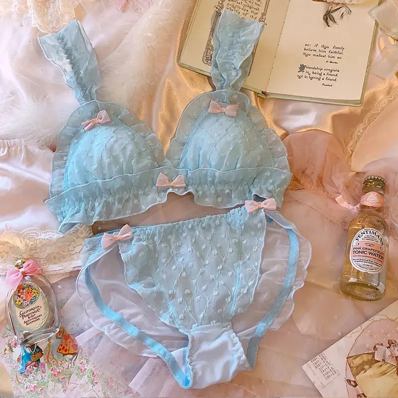 Dessous Mädchen Fee Schleife Chiffon Dünner Stil Niedlich Kein Stahlring Dreieck Körbchen BH Set Damen Große Größe Bralette Höschen 2tlg