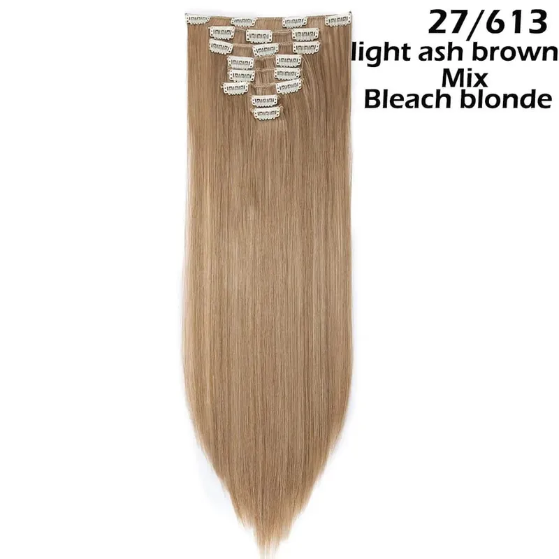 S-noilite Syntetisk 8 Stk/SÆT 24 tommer Clip In One Piece Hårforlængelse Lang Lige Bølget 53 Farve Sort Blond Clip Hårstykke