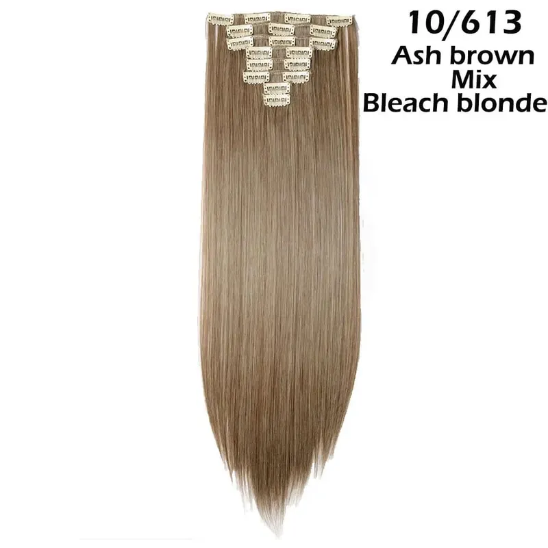 S-noilite Syntetisk 8 Stk/SÆT 24 tommer Clip In One Piece Hårforlængelse Lang Lige Bølget 53 Farve Sort Blond Clip Hårstykke