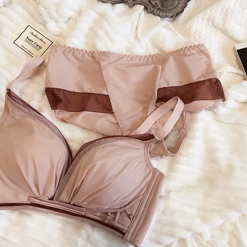 75-90 BC Cup Women Bra And Panties Set Seamless Underwear Chiffon Smooth Contrast Color Female Wire Free Push Up Sexy Lingerie