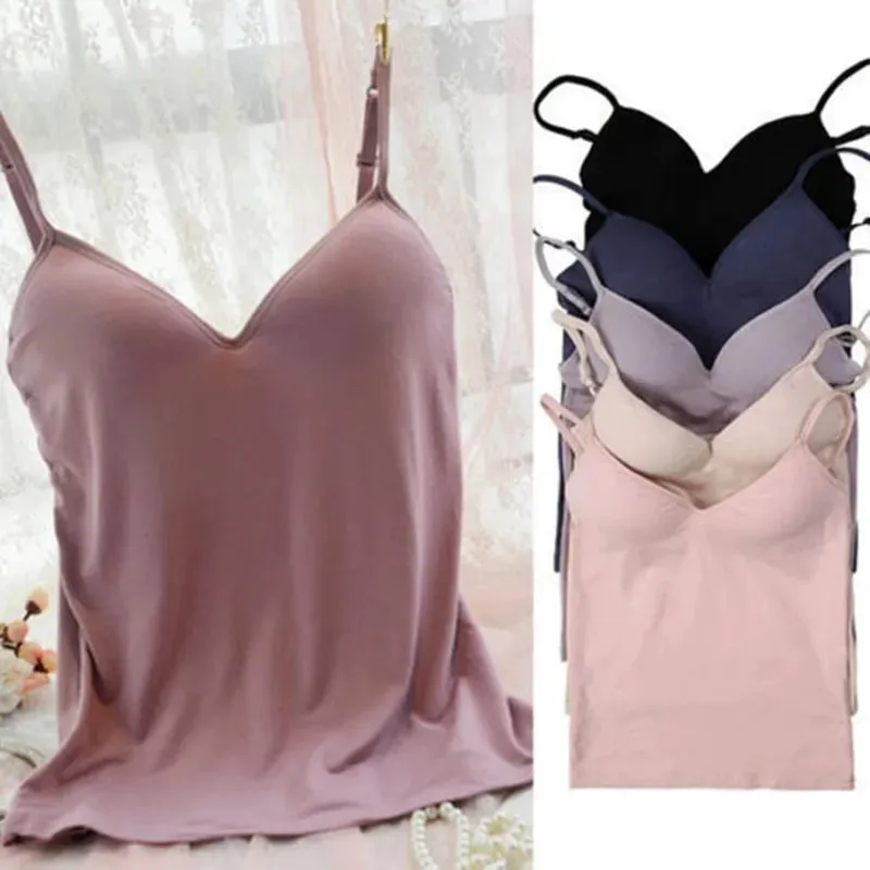 新しいファッションの女性のセクシーなパッド入りブラジャーキャミソールスパゲッティストラップタンクトップスプッシュアップブラジャーベスト女性タンクキャミ V ネックノースリーブ Tシャツ