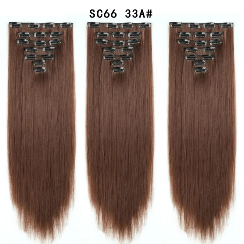 22 Polegada 16 clipes longos e retos extensões de cabelo sintético clipes em fibra de alta temperatura preto marrom ombre hairpiece budabuda