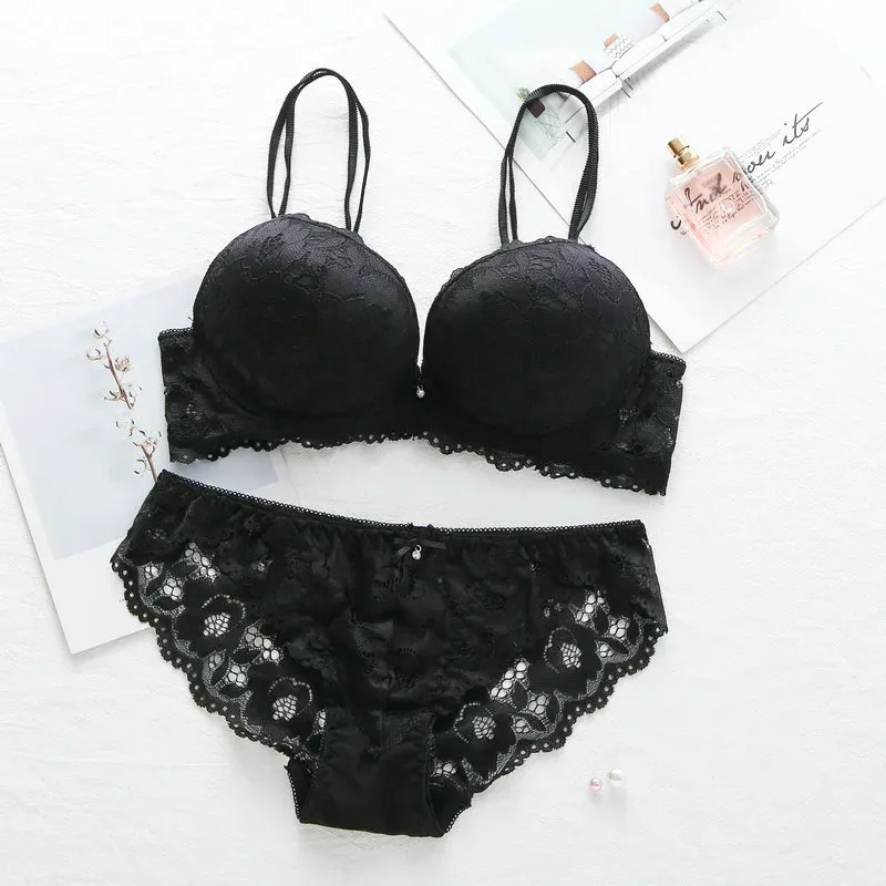 Push‑Up Bra With Panty Floral Lace Underwire Lingerie Set Double Straps Soft Breathable Multi‑Color Women Intimate Underwear