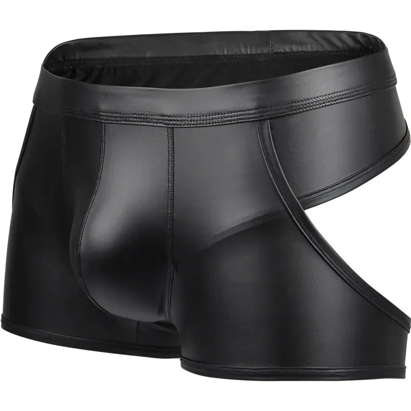 Sexy masculino oco boxers roupa interior masculina de couro falso aberto bunda bottoms desempenho cuecas boxershorts sem costas boxer shorts