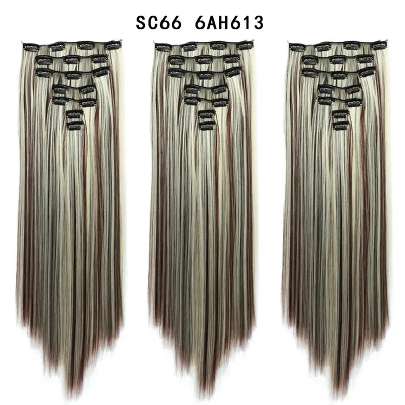22 Polegada 16 clipes longos e retos extensões de cabelo sintético clipes em fibra de alta temperatura preto marrom ombre hairpiece budabuda