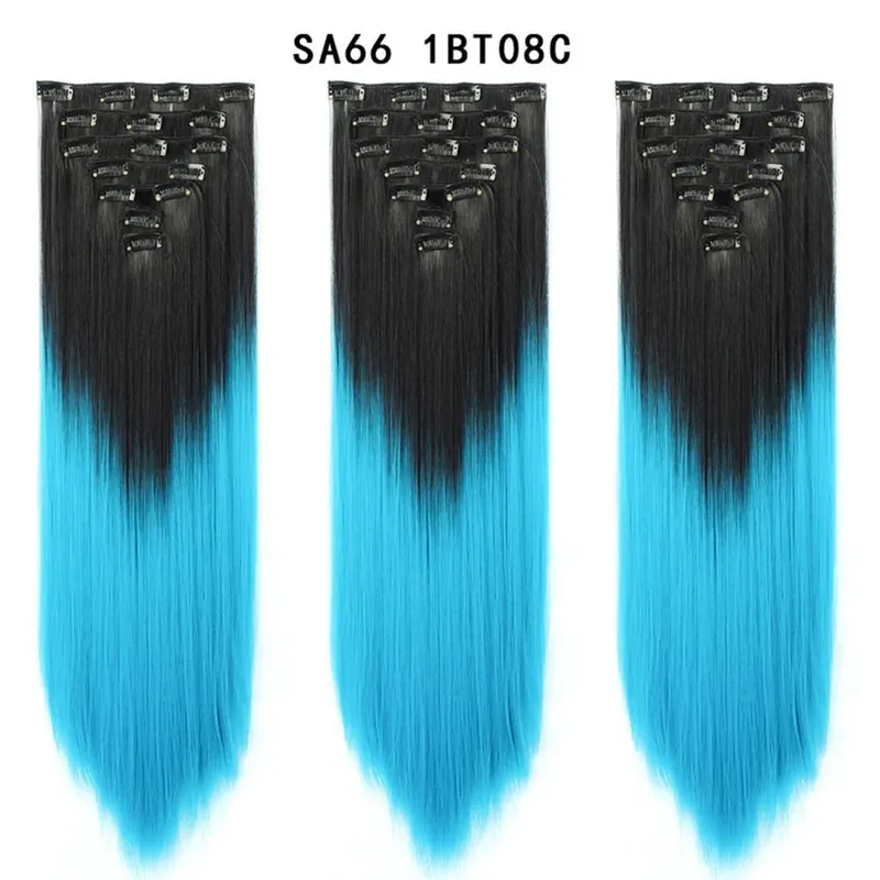 22 Polegada 16 clipes longos e retos extensões de cabelo sintético clipes em fibra de alta temperatura preto marrom ombre hairpiece budabuda