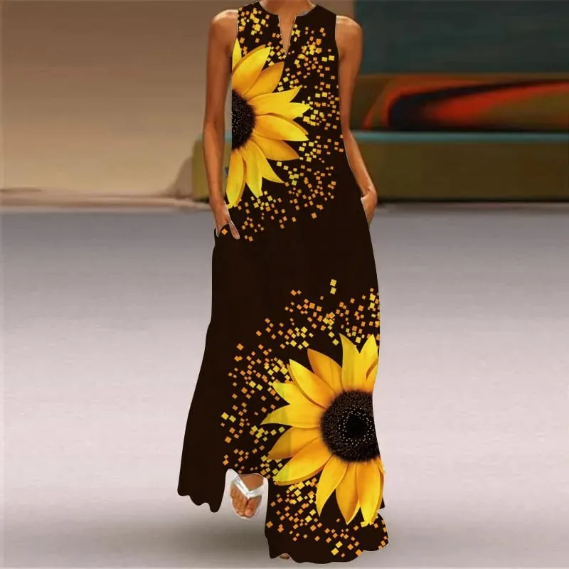 Sexy V-neck Sleeveless Dress For Women Summer Fashion Sundress Retro Print Long Dresses With Pocket Maxi Dress Femme Vestidos
