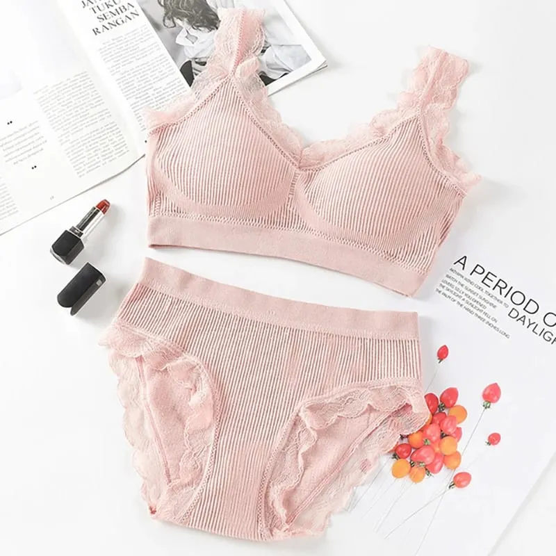 Set di lingerie sexy in pizzo Set di reggiseno imbottito senza anello in acciaio Intimo da donna solido Reggiseno comodo top corto per fitness