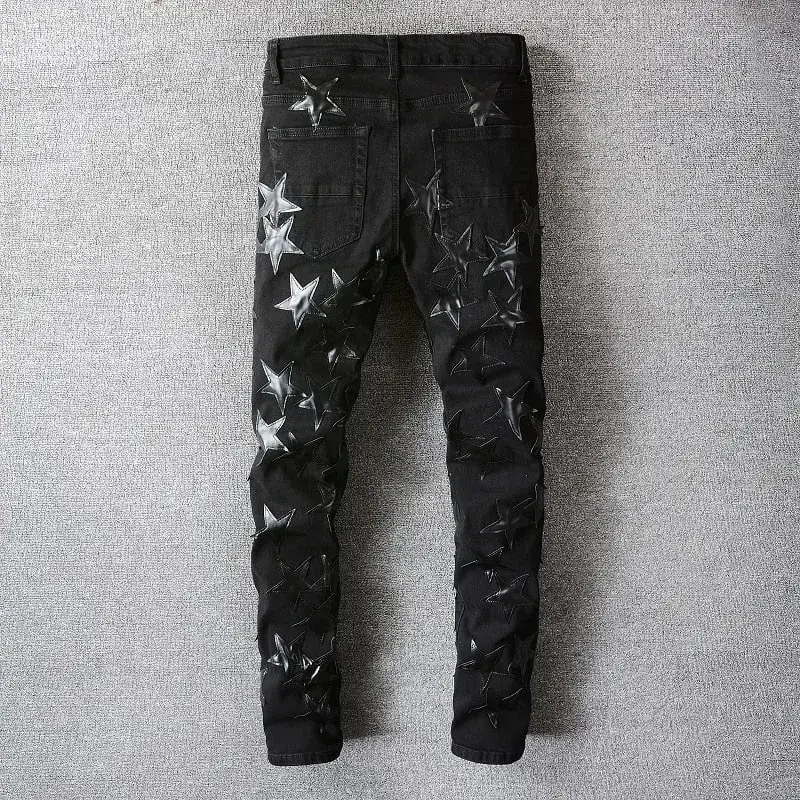 Panlalaking Leather Stars Patch Jeans Black Stretch Denim Pencil Pants Slim Skinny Patchwork Pantalon — image 3