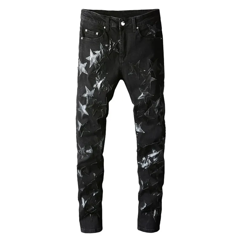 Panlalaking Leather Stars Patch Jeans Black Stretch Denim Pencil Pants Slim Skinny Patchwork Pantalon — image 2