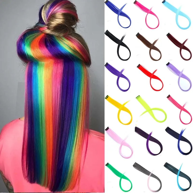 Lupu Synthetic Colorful Highlight Εξτένσιον μαλλιών Rainbow Κλιπ σε ένα κομμάτι 22 ιντσών μακριά ίσια ψεύτικα μαλλιά Κομμάτια για γυναίκες