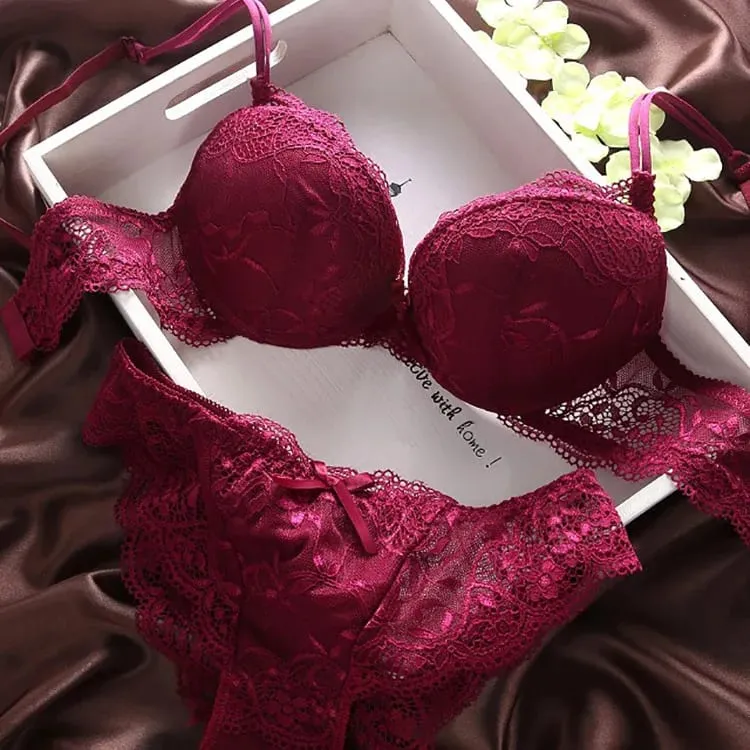 European Style Sexy Bra Set Women Cotton Underwear Sexy Lace Panties Female Push Up Brassiere Fashion Solid Color Lingerie Set