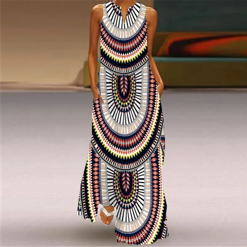 Sexy V-neck Sleeveless Dress For Women Summer Fashion Sundress Retro Print Long Dresses With Pocket Maxi Dress Femme Vestidos