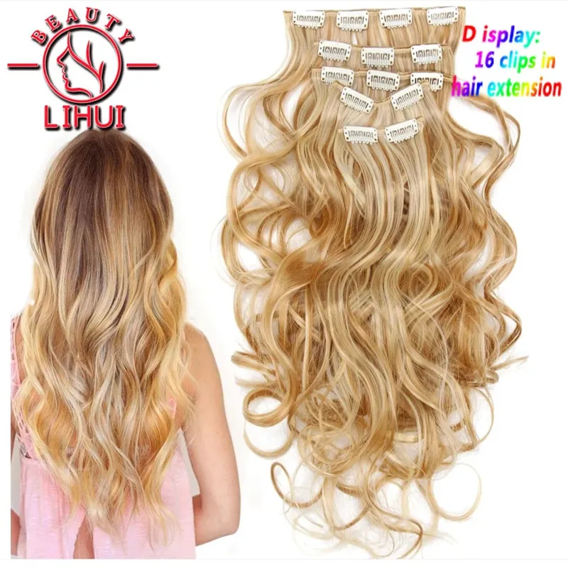 Long Wavy Hair Extensions Synthetic Clip In Hair Extensions Ombre Honey Blonde Dark Brown Thick Hairpieces 6pcs/set 20 Inch