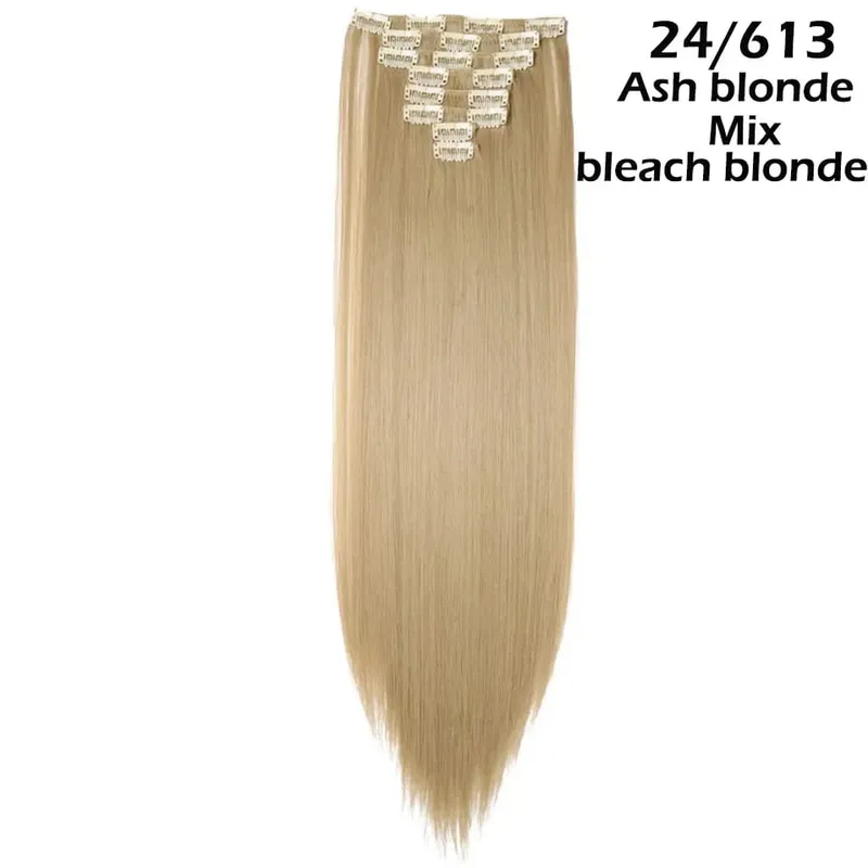 S-noilite Syntetisk 8 Stk/SÆT 24 tommer Clip In One Piece Hårforlængelse Lang Lige Bølget 53 Farve Sort Blond Clip Hårstykke