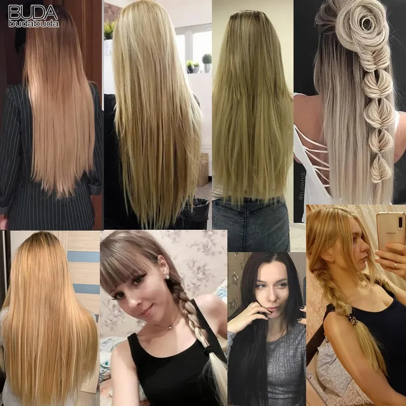16 clipes longos e retos sintéticos, extensões de cabelo, fibra natural de alta temperatura, loiro, preto, marrom, budabuda