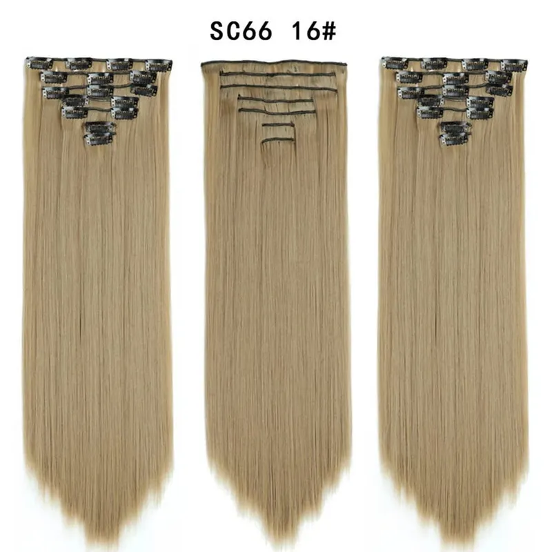 22 Polegada 16 clipes longos e retos extensões de cabelo sintético clipes em fibra de alta temperatura preto marrom ombre hairpiece budabuda