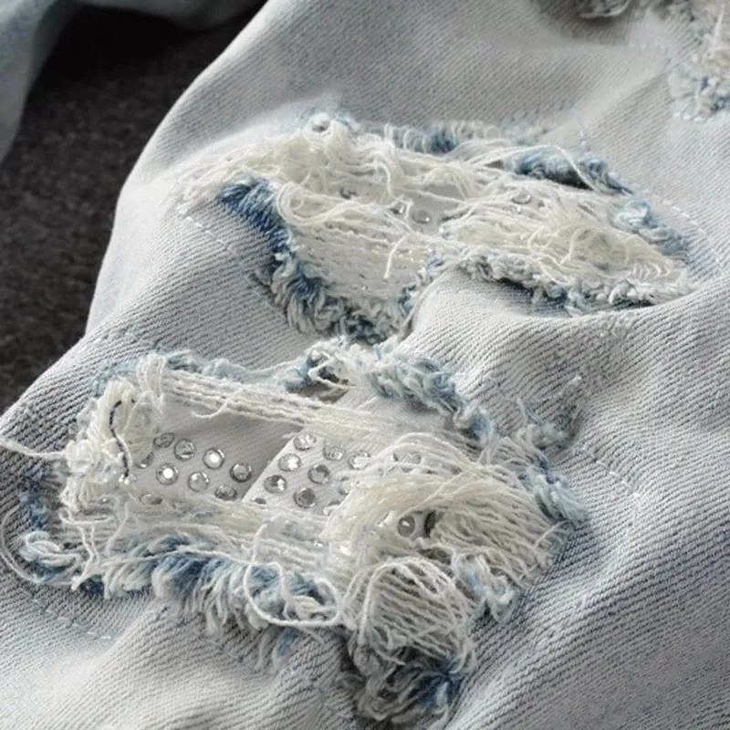 Männer Kristall Löcher Ripped Patchwork Jeans Streetwear Hellblau Denim Dünne Dünne Bleistift Hosen Hosen
