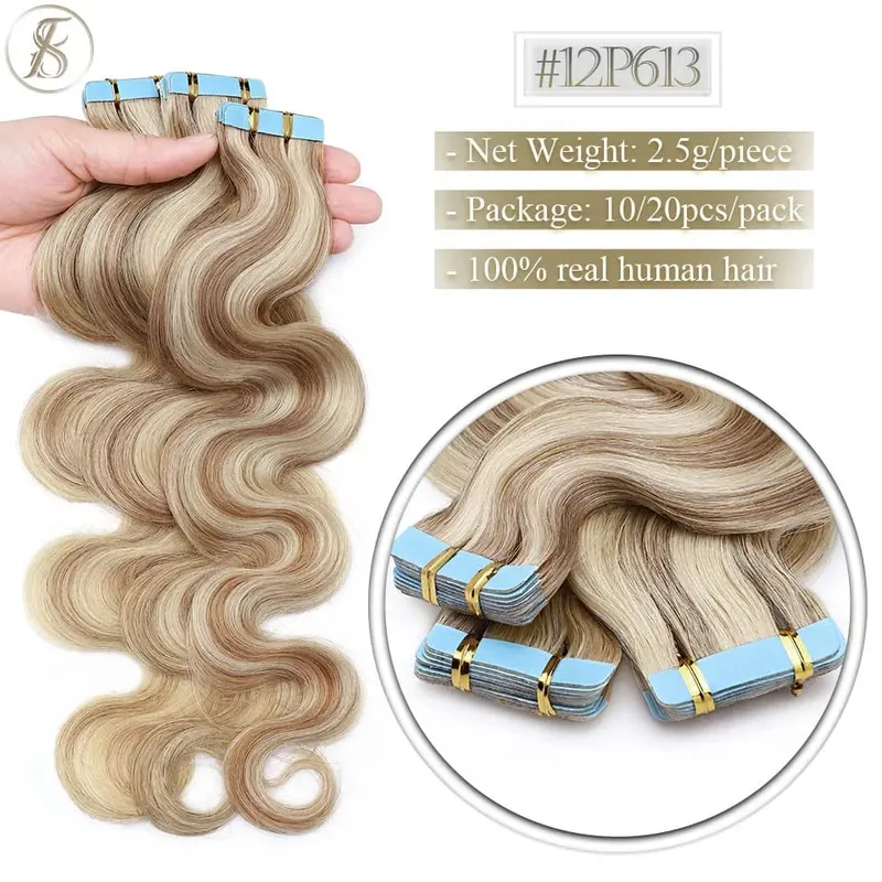 Tess Tape In Hair Extension 2.5g/pc Wavy Natural Hair Extensions Human Hair Adhesive Skin Weft Double Sides Seamless Invisible