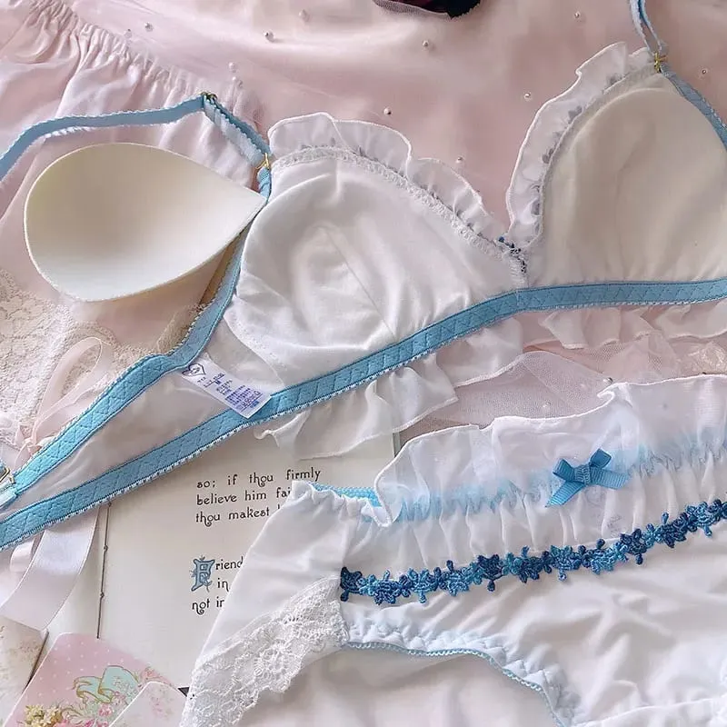 Japanskt underklädesset Lolita BH och trosa Fairy Sweet Lace Petal Sexig Tunn Pure Desire Wire Gratis Triangel Cup BH Set Girl