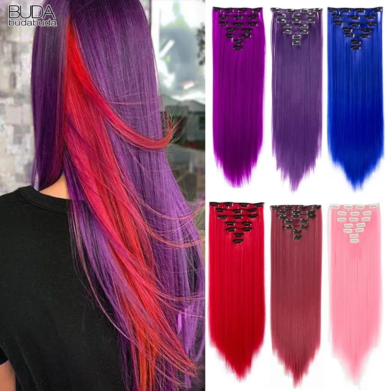 22 Polegada 16 clipes longos e retos extensões de cabelo sintético clipes em fibra de alta temperatura preto marrom ombre hairpiece budabuda