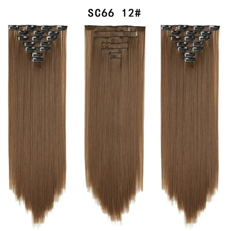 22 Polegada 16 clipes longos e retos extensões de cabelo sintético clipes em fibra de alta temperatura preto marrom ombre hairpiece budabuda