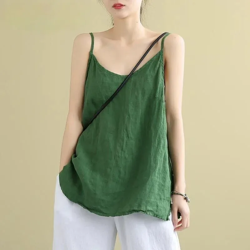 女款夏季上衣棉麻細肩帶上衣女式掛脖 V 領基本款黃色無袖背心寬鬆休閒吊帶背心