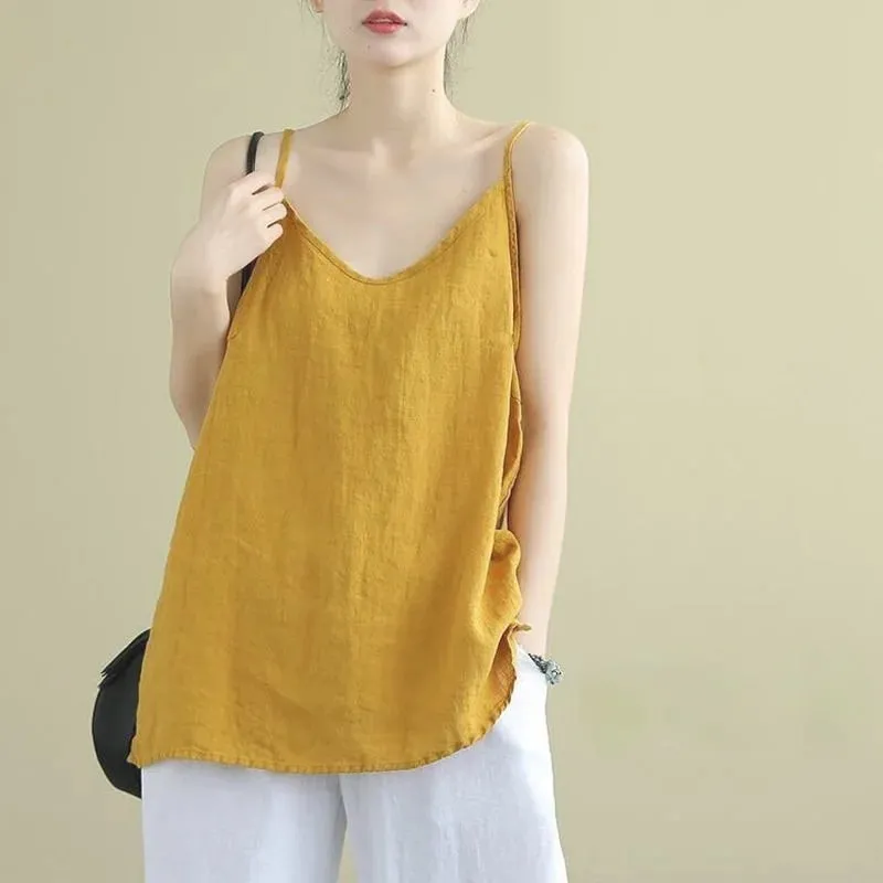 女款夏季上衣棉麻細肩帶上衣女式掛脖 V 領基本款黃色無袖背心寬鬆休閒吊帶背心