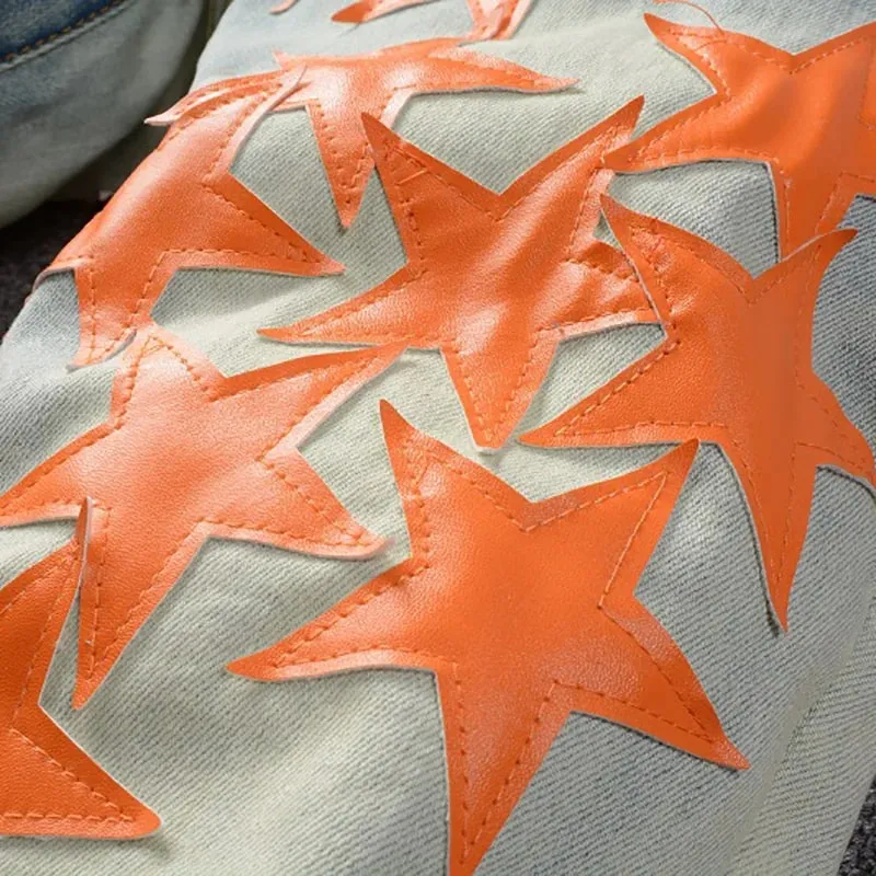 Män Läder Stars Patches Jeans Streetwear Slim Skinny Stretch Denim Pencil Byxor Hål Ripped Patchwork Avsmalnande byxor