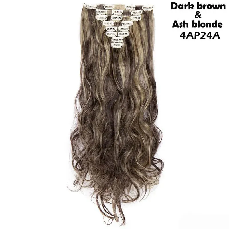 S-noilite Syntetisk 8 Stk/SÆT 24 tommer Clip In One Piece Hårforlængelse Lang Lige Bølget 53 Farve Sort Blond Clip Hårstykke