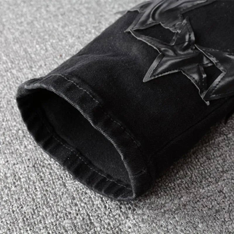 Panlalaking Leather Stars Patch Jeans Black Stretch Denim Pencil Pants Slim Skinny Patchwork Pantalon — image 6