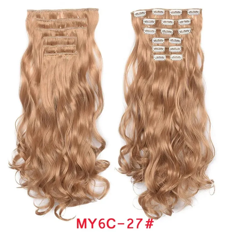 Long Wavy Hair Extensions Synthetic Clip In Hair Extensions Ombre Honey Blonde Dark Brown Thick Hairpieces 6pcs/set 20 Inch