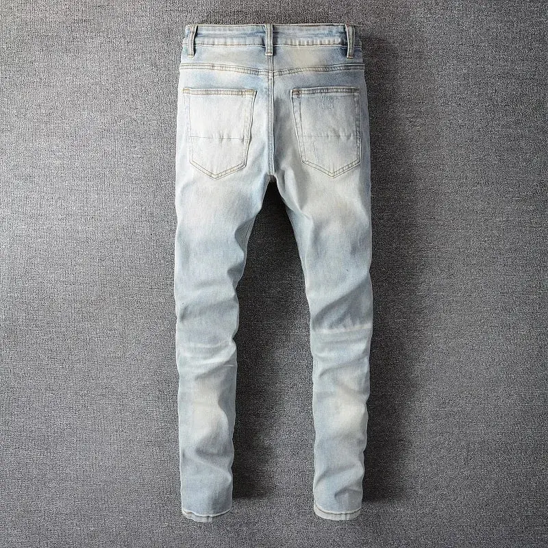 Männer Kristall Löcher Ripped Patchwork Jeans Streetwear Hellblau Denim Dünne Dünne Bleistift Hosen Hosen