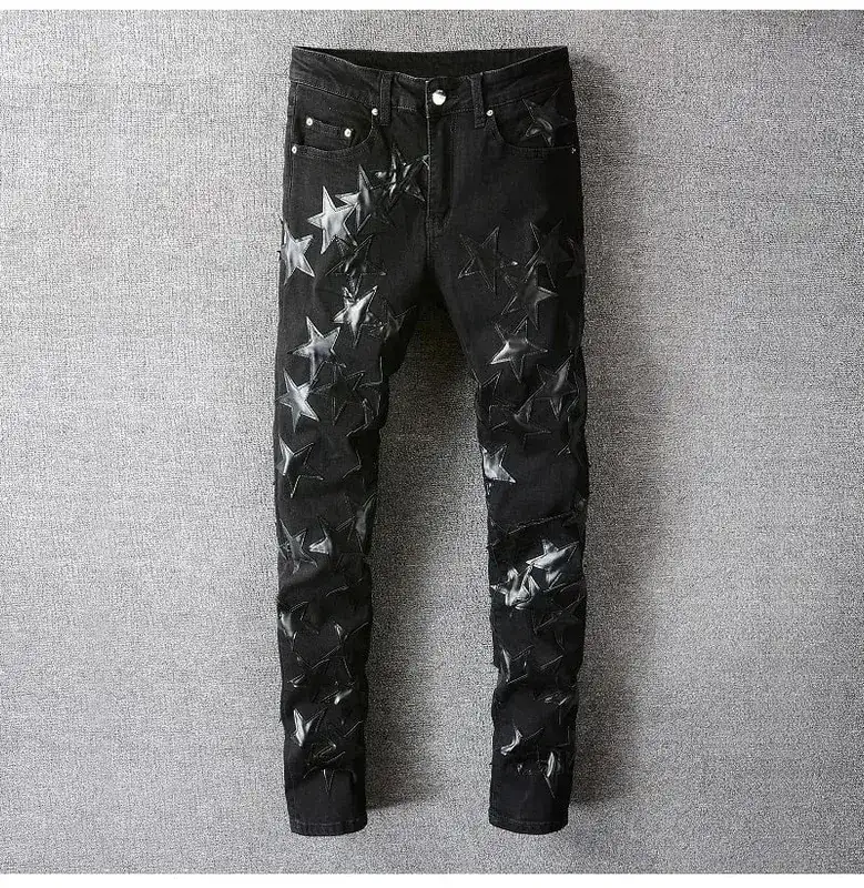 Panlalaking Leather Stars Patch Jeans Black Stretch Denim Pencil Pants Slim Skinny Patchwork Pantalon — image 10