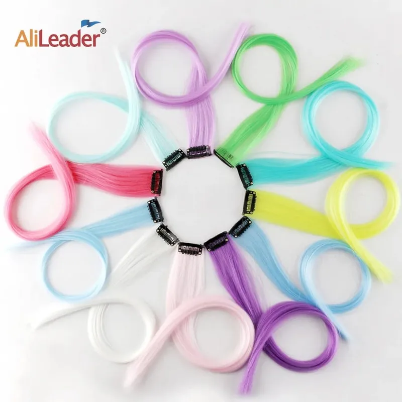Extensión de cabello sintético con Clip para mujer, postizo falso fluorescente de una pieza con Clip brillante, 20 pulgadas, 11 colores