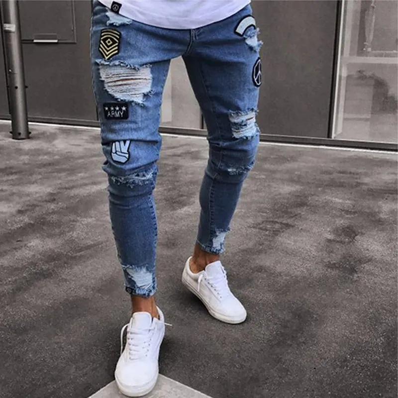 Mga Lalaking Stretchy Ripped Skinny Biker Embroidery Cartoon Print Jeans Destroyed Hole Slim Fit Denim High Quality Hip Hop Black Jeans