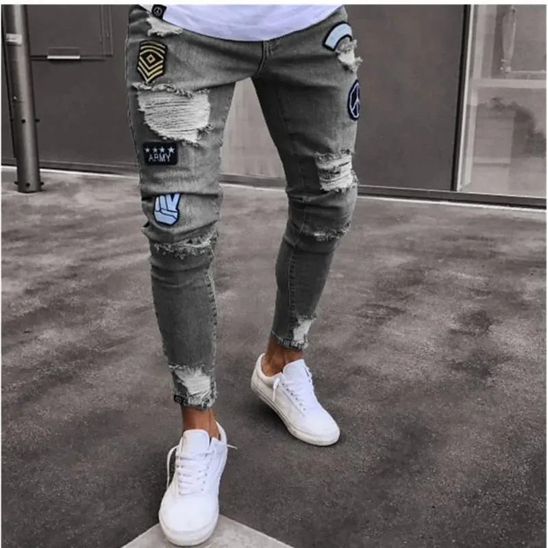 Mga Lalaking Stretchy Ripped Skinny Biker Embroidery Cartoon Print Jeans Destroyed Hole Slim Fit Denim High Quality Hip Hop Black Jeans