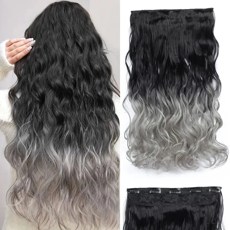 24-calowe Ombre Dip Dye Długie kręcone doczepiane włosy Dwukolorowe grube syntetyczne treski na całą głowę (od czarnego do ciemnoczerwonego)
